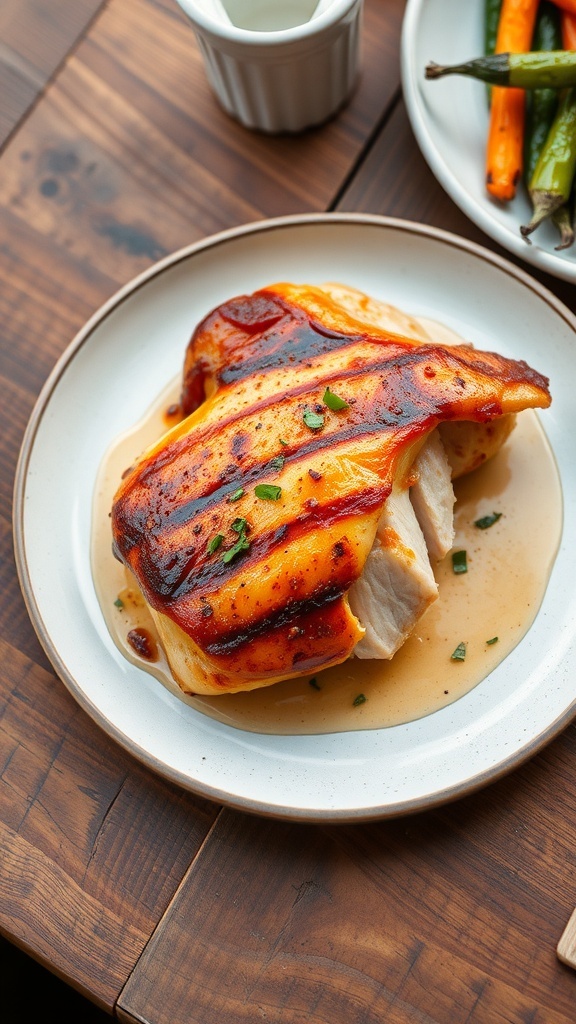 Seared chicken breast garnished with herbs on a wooden table with grilled vegetables.